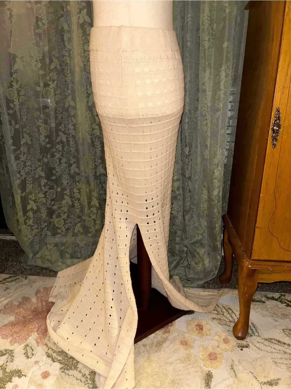 White Ivory Cream Mermaid Knit Bohemian Maxi Skirt - Picture 4 of 8